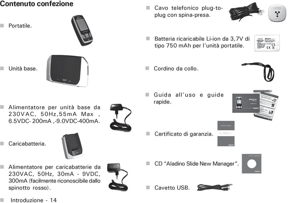 Alimentatore per unità base da 230VAC, 50Hz,55mA Max, 6.5VDC- 200mA,-9.0VDC-400mA. Caricabatteria. Guida all'uso e guide rapide.