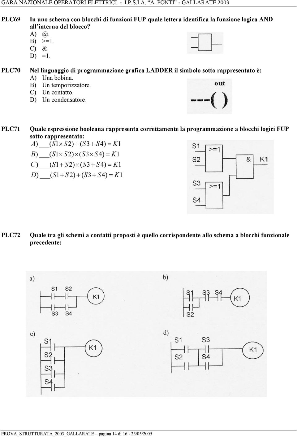 PLC71 Quale espressione booleana rappresenta correttamente la programmazione a blocchi logici FUP sotto rappresentato: A) ( S1 S2) + ( S3+ S4) = K1 B) ( S1 S2) ( S3 S4) = K1 C) (