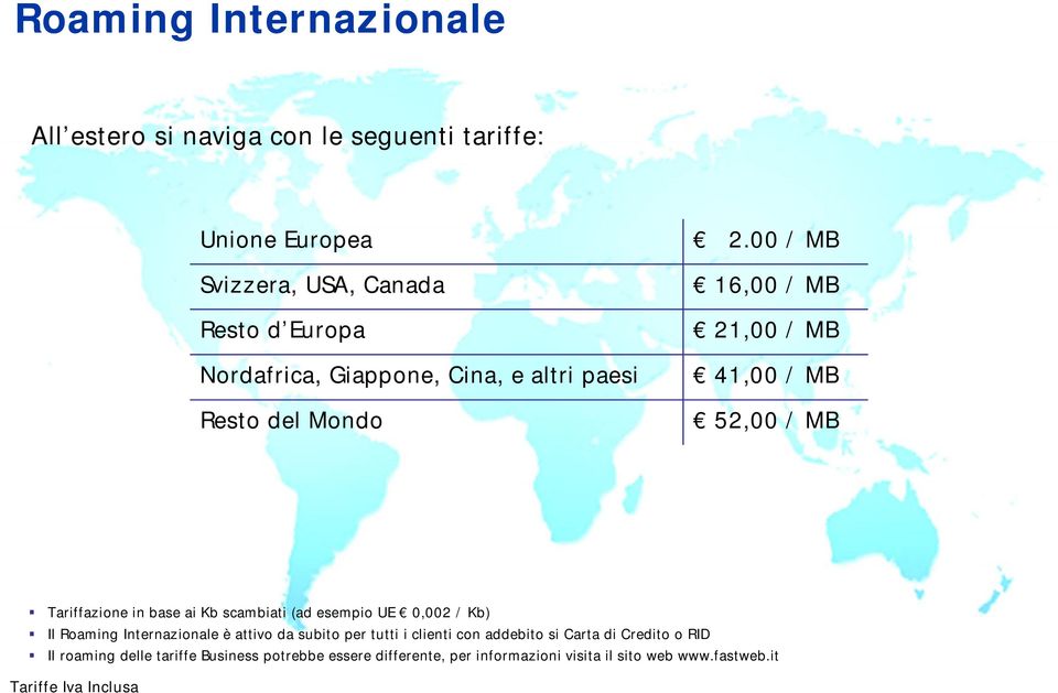 MB 52,00 / MB Tariffazione in base ai Kb scambiati (ad esempio UE 0,002 / Kb) Il Roaming Internazionale è attivo da subito per tutti i