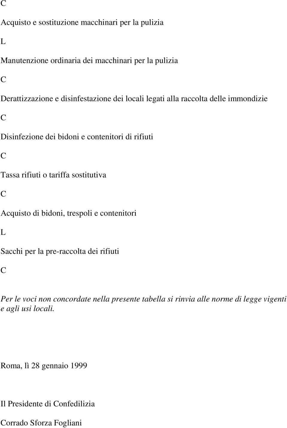 tariffa sostitutiva Acquisto di bidoni, trespoli e contenitori Sacchi per la pre-raccolta dei rifiuti Per le voci non concordate