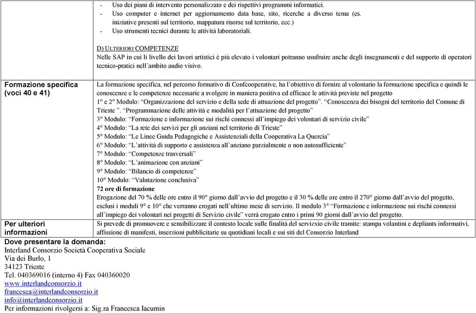 D) ULTERIORI COMPETENZE Nelle SAP in cui li livello dei lavori artistici è più elevato i volontari potranno usufruire anche degli insegnamenti e del supporto di operatori tecnico-pratici nell ambito