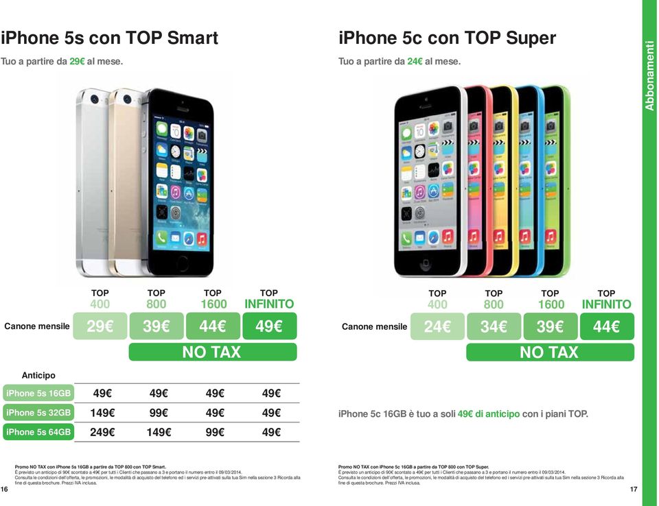 NO TAX iphone 5c 16GB è tuo a soli 49 di anticipo con i piani. Promo NO TAX con iphone 5s 16GB a partire da 800 con Smart.