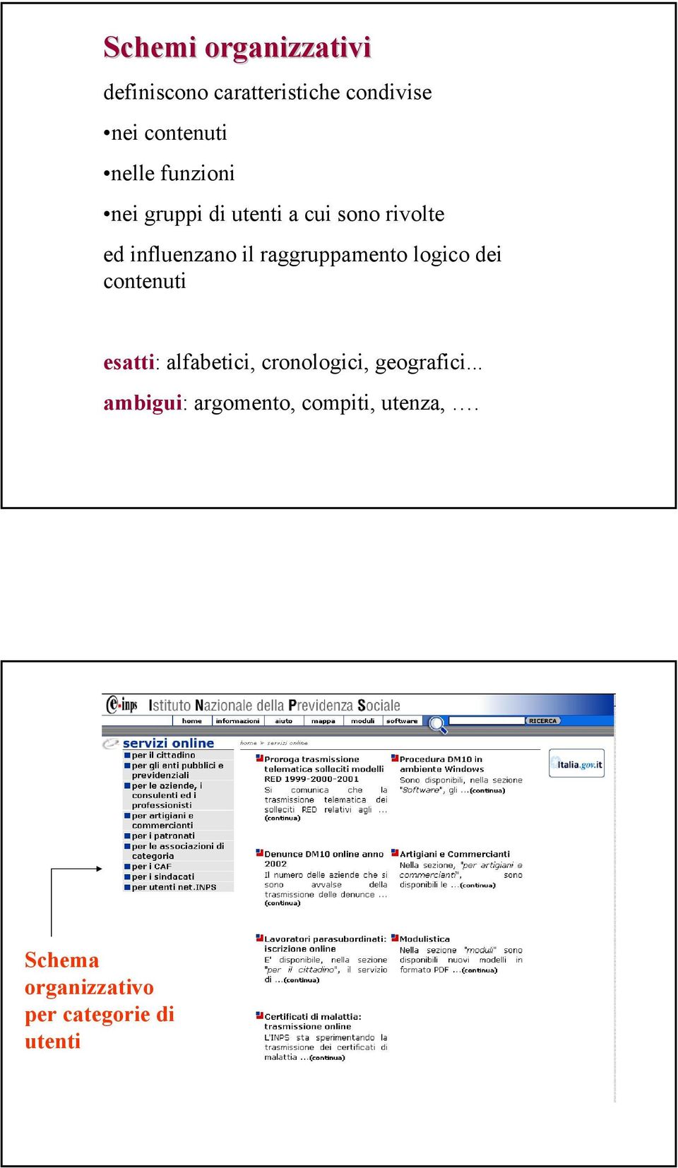 raggruppamento logico dei contenuti esatti: alfabetici, cronologici,