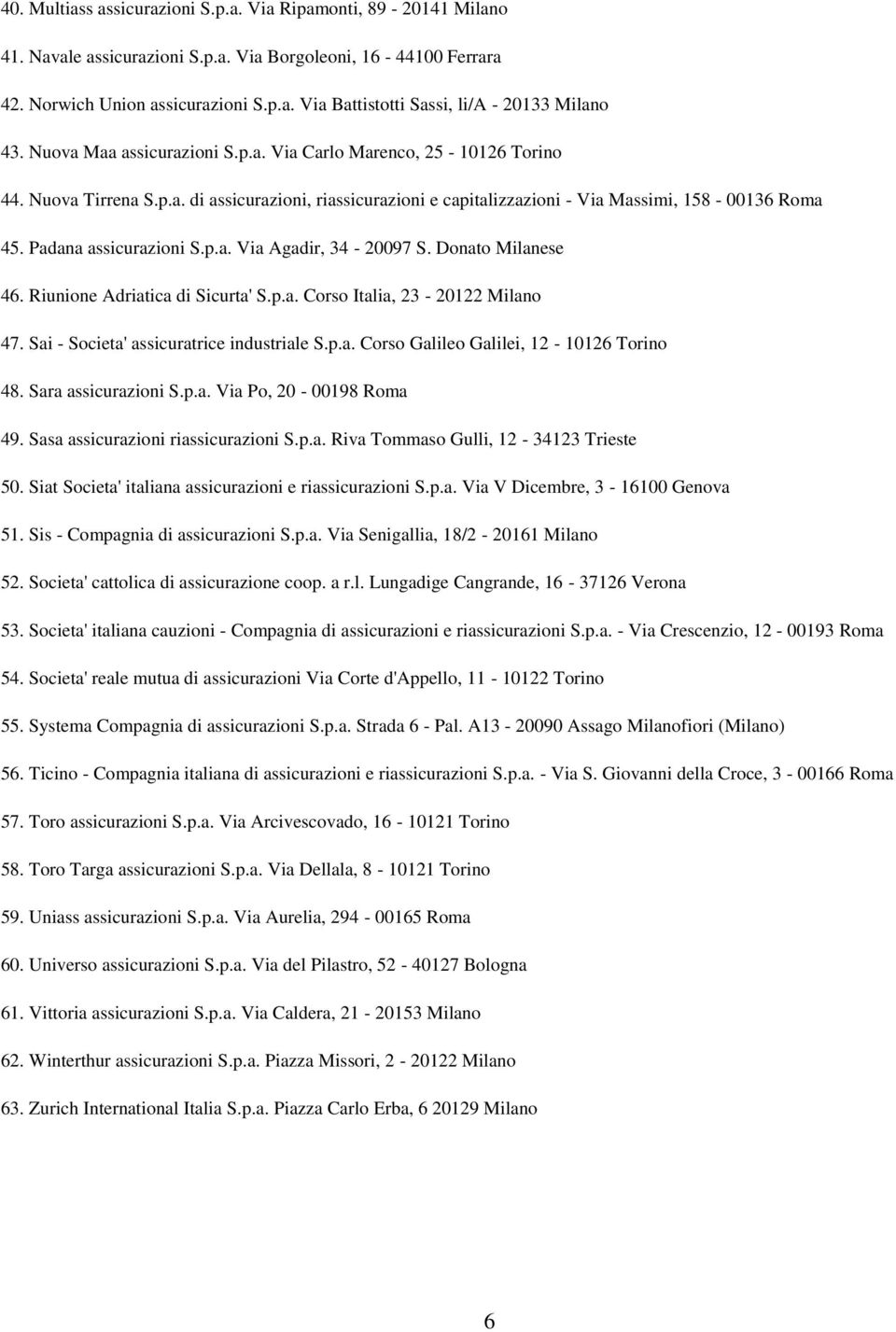 Padana assicurazioni S.p.a. Via Agadir, 34-20097 S. Donato Milanese 46. Riunione Adriatica di Sicurta' S.p.a. Corso Italia, 23-20122 Milano 47. Sai - Societa' assicuratrice industriale S.p.a. Corso Galileo Galilei, 12-10126 Torino 48.