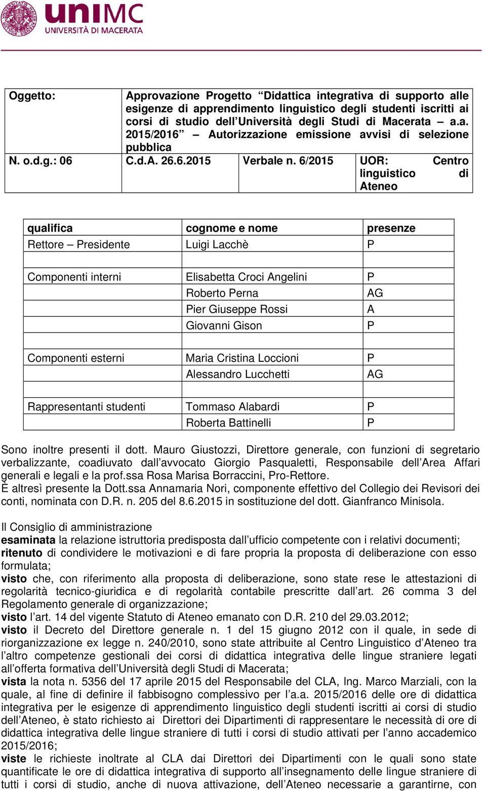 6/2015 UOR: Centro linguistico di Ateneo qualifica cognome e nome presenze Rettore Presidente Luigi Lacchè P Componenti interni Elisabetta Croci Angelini P Roberto Perna AG Pier Giuseppe Rossi A