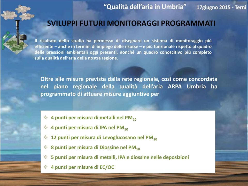 Oltre alle misure previste dalla rete regionale, così come concordata nel piano regionale della qualità dell aria ARPA Umbria ha programmato di attuare misure aggiuntive per 4 punti per misura