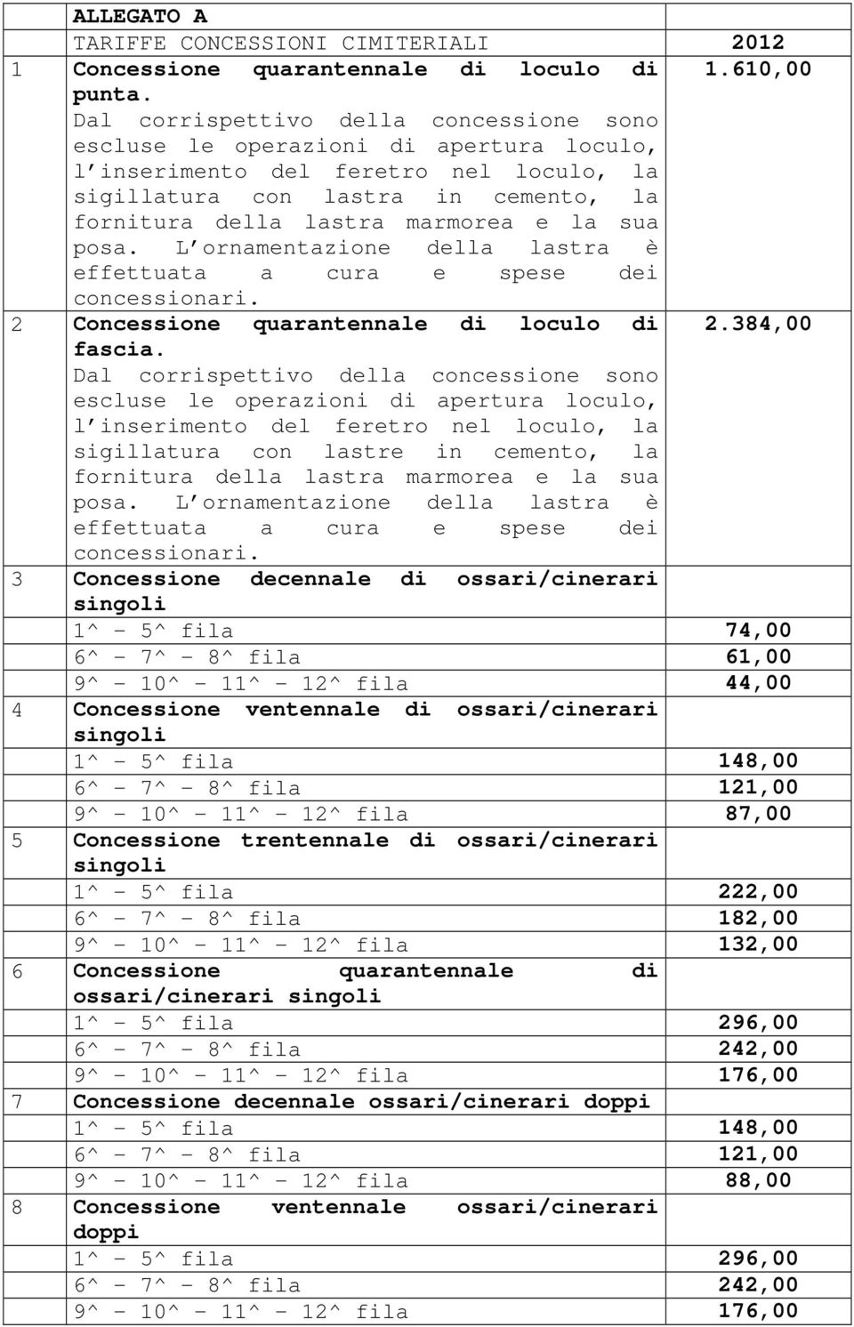 sua posa. L ornamentazione della lastra è effettuata a cura e spese dei concessionari. 2 Concessione quarantennale di loculo di 2.384,00 fascia.