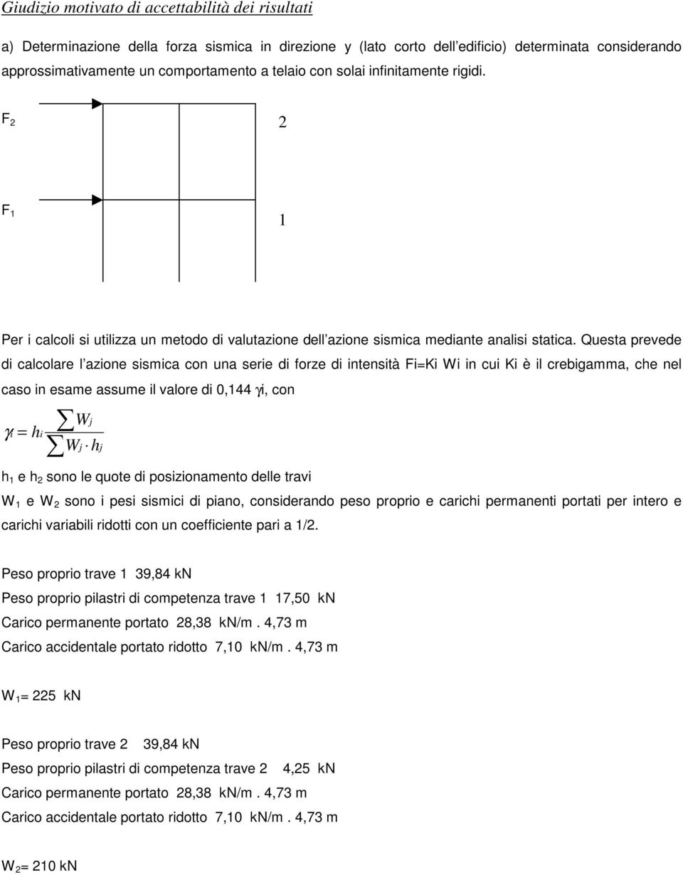 Questa prevede di calcolare l azione sismica con una serie di forze di intensità Fi=Ki Wi in cui Ki è il crebigamma, che nel caso in esame assume il valore di 0,144 γi, con γ i = hi Wj Wj hj h 1 e h