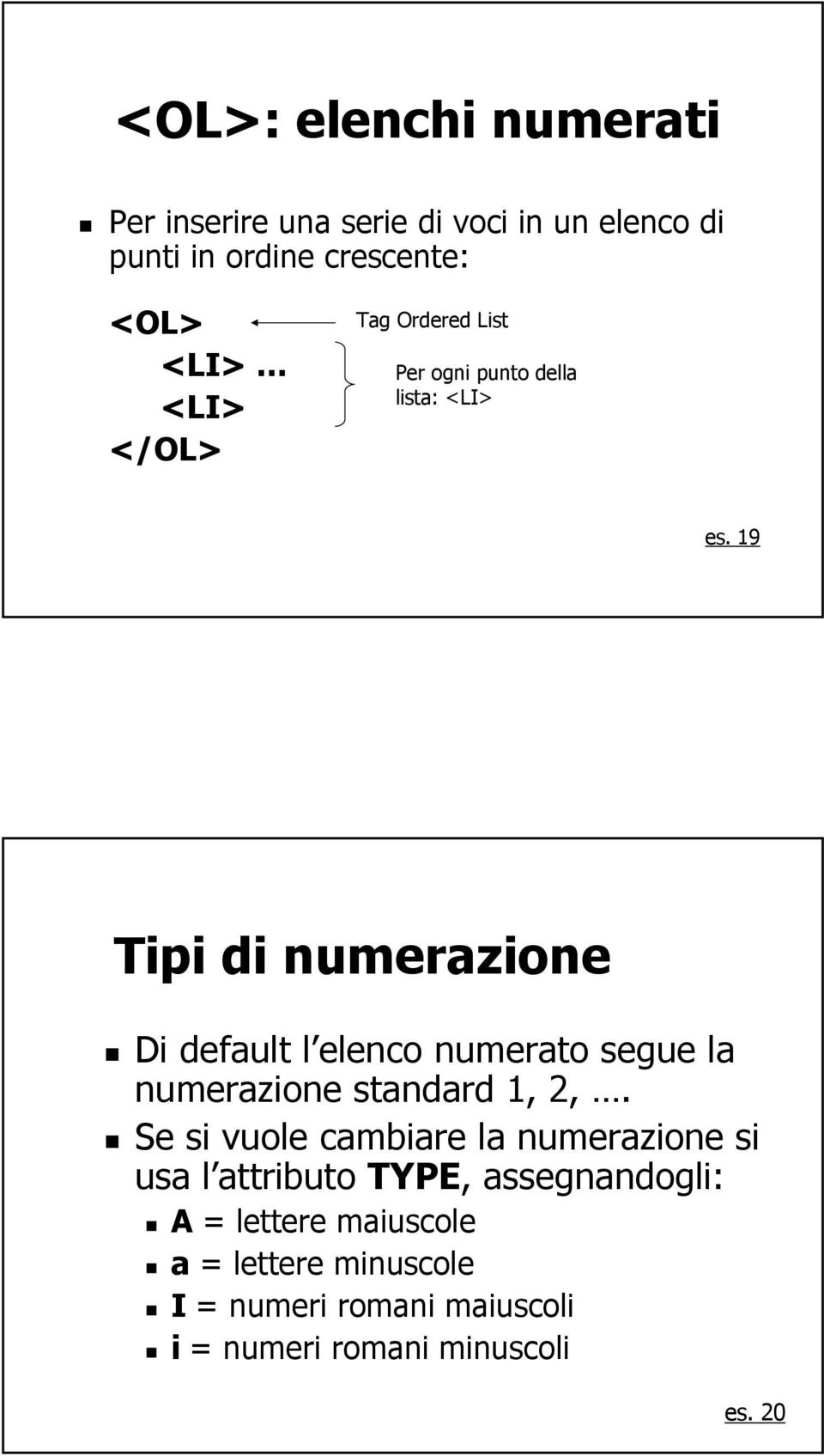 19 Tipi di numerazione Di default l elenco numerato segue la numerazione standard 1, 2,.