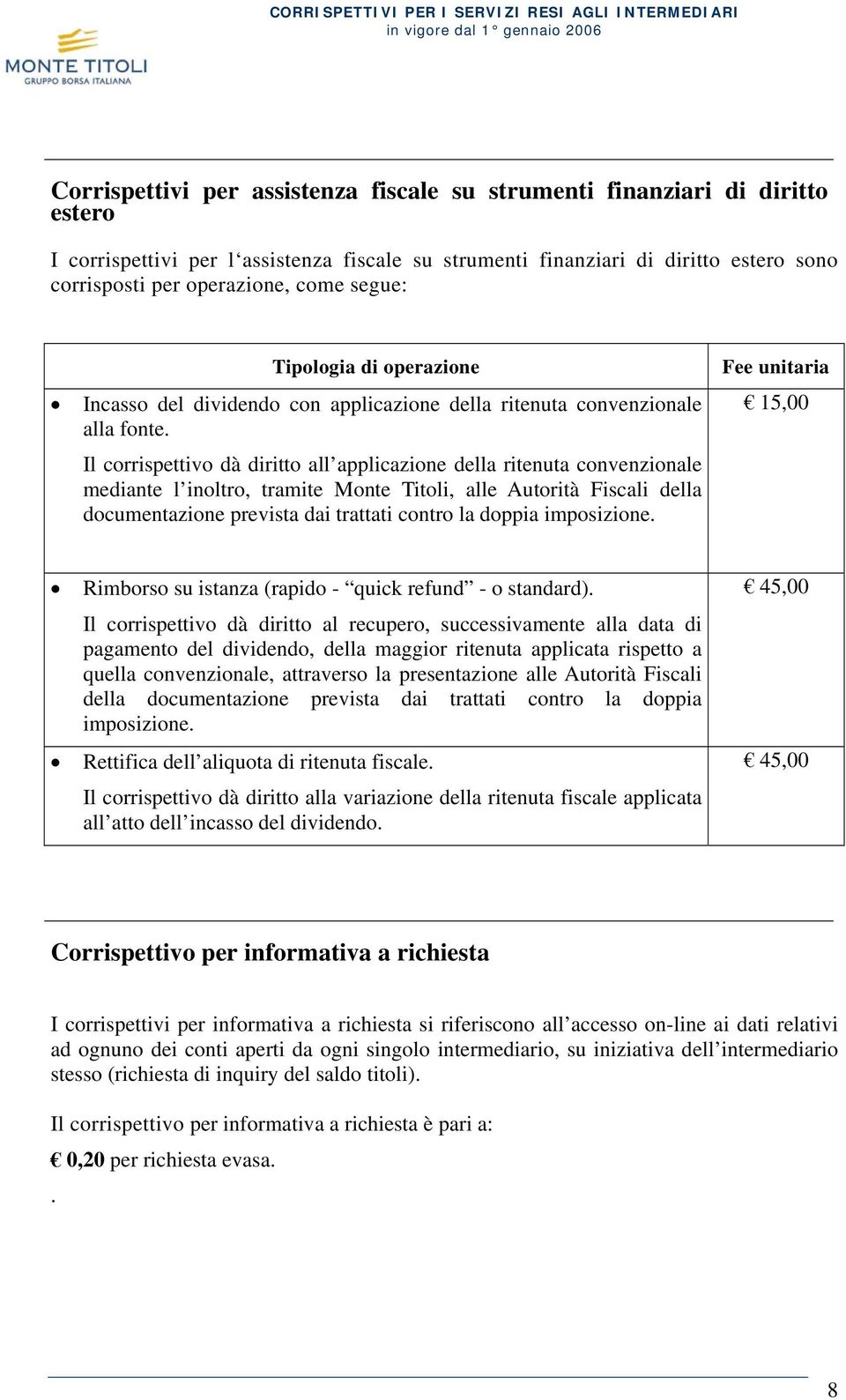 Il corrispettivo dà diritto all applicazione della ritenuta convenzionale mediante l inoltro, tramite Monte Titoli, alle Autorità Fiscali della documentazione prevista dai trattati contro la doppia