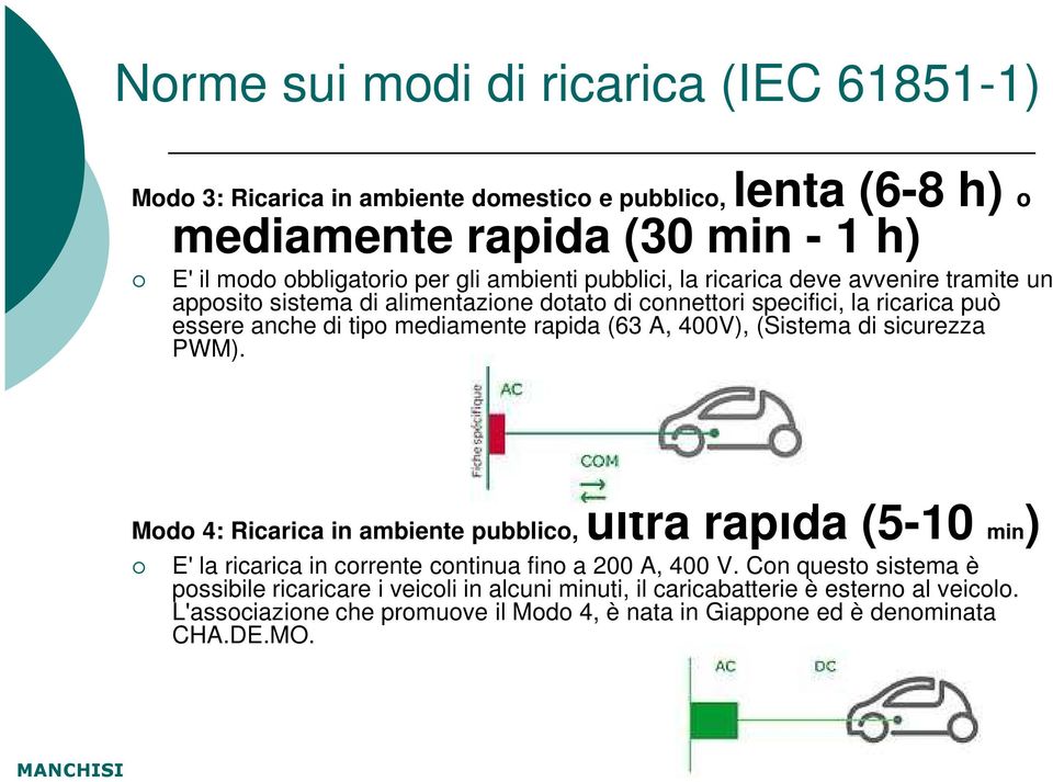 (63 A, 400V), (Sistema di sicurezza PWM). Modo 4: Ricarica in ambiente pubblico, ultra rapida (5-10 min) E' la ricarica in corrente continua fino a 200 A, 400 V.