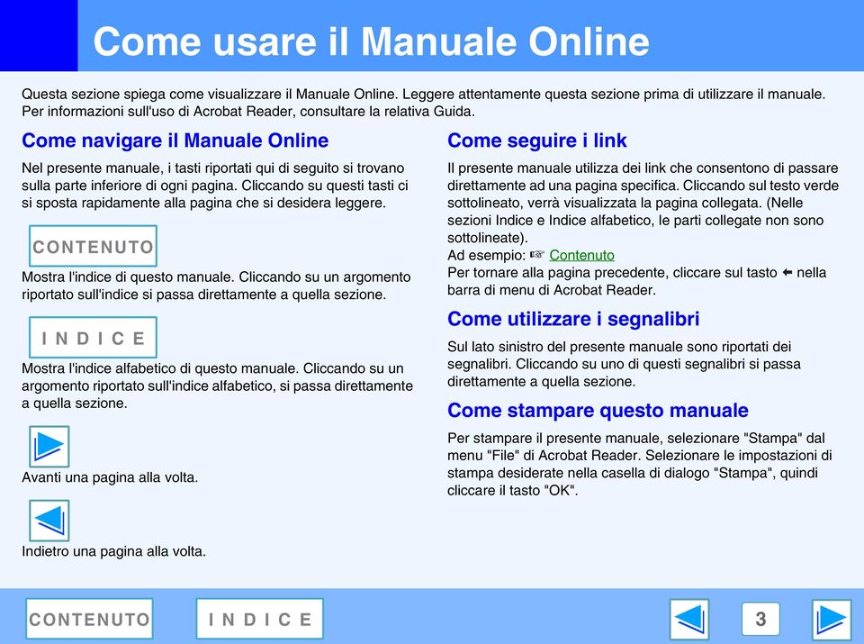 Come navigare il Manuale Online Nel presente manuale, i tasti riportati qui di seguito si trovano sulla parte inferiore di ogni pagina.