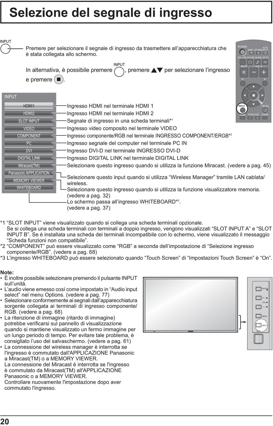 INPUT HDMI1 HDMI2 SLOT INPUT VIDEO COMPONENT PC DVI DIGITAL LINK Miracast(TM) Panasonic APPLICATION MEMORY VIEWER WHITEBOARD Ingresso HDMI nel terminale HDMI 1 Ingresso HDMI nel terminale HDMI 2