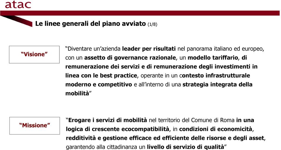 competitivo e all interno di una strategia integrata della mobilità Missione Erogare i servizi di mobilità nel territorio del Comune di Roma in una logica di crescente