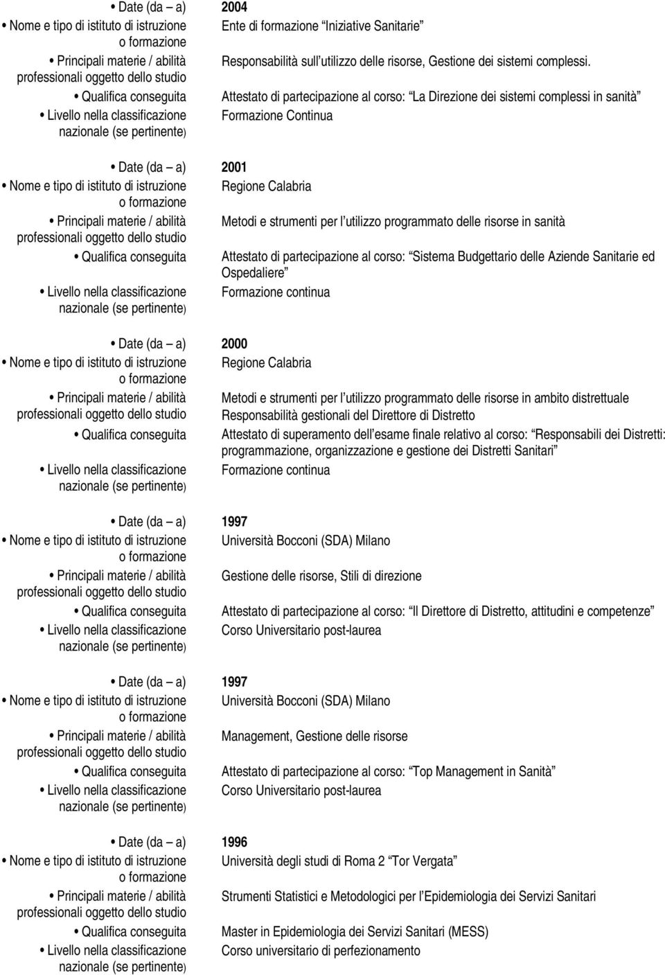 istruzione Regione Calabria Principali materie / abilità Metodi e strumenti per l utilizzo programmato delle risorse in sanità Qualifica conseguita Attestato di partecipazione al corso: Sistema