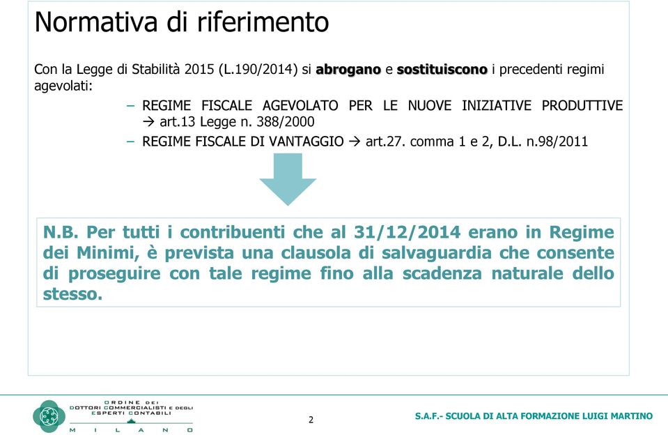 PRODUTTIVE art.13 Legge n. 388/2000 REGIME FISCALE DI VANTAGGIO art.27. comma 1 e 2, D.L. n.98/2011 N.B.