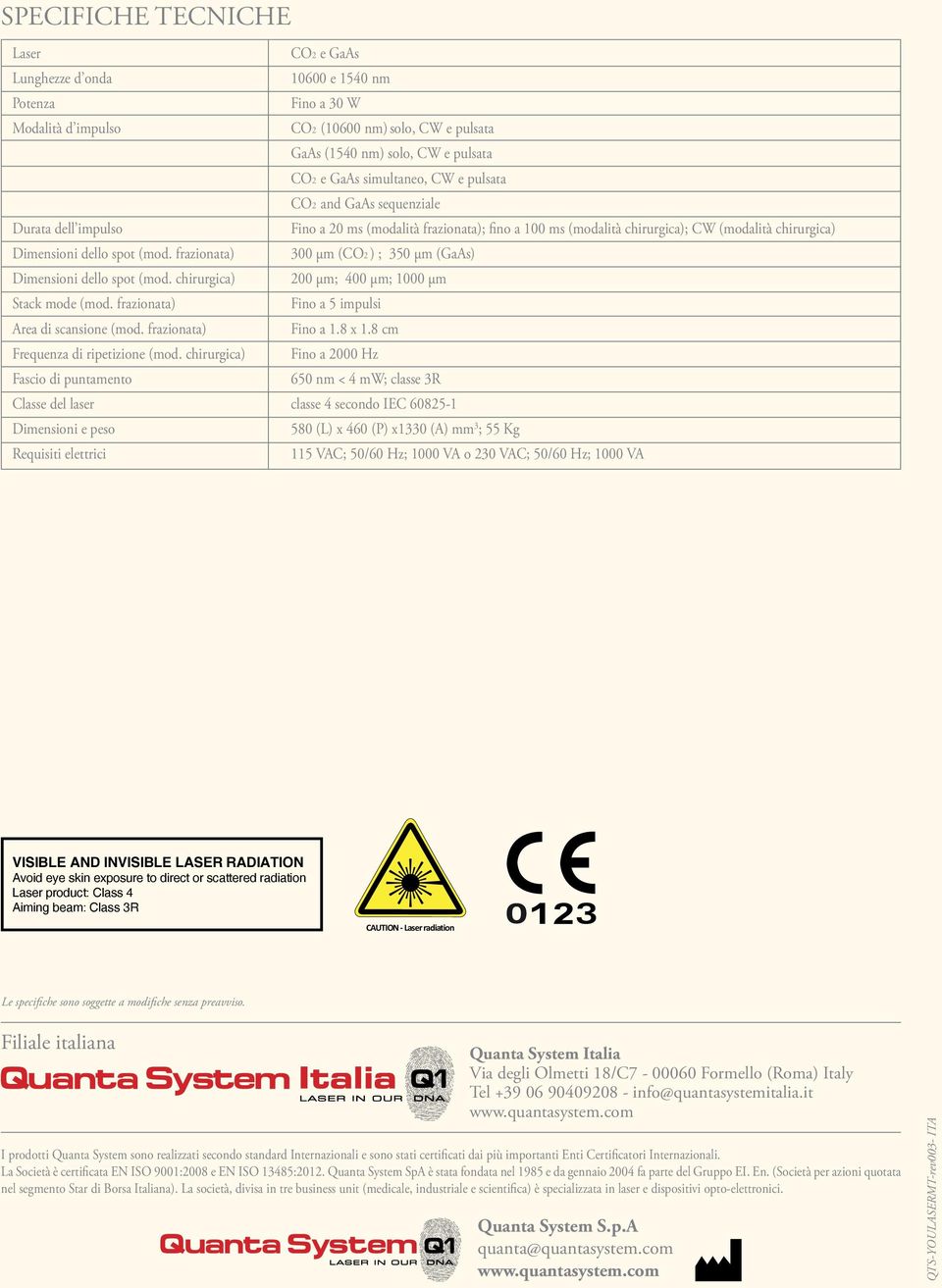 (modalità frazionata); fino a 100 ms (modalità chirurgica); CW (modalità chirurgica) 300 µm (CO2 ) ; 350 µm (GaAs) Dimensioni dello spot (mod. chirurgica) 200 µm; 400 µm; 1000 µm Stack mode (mod.