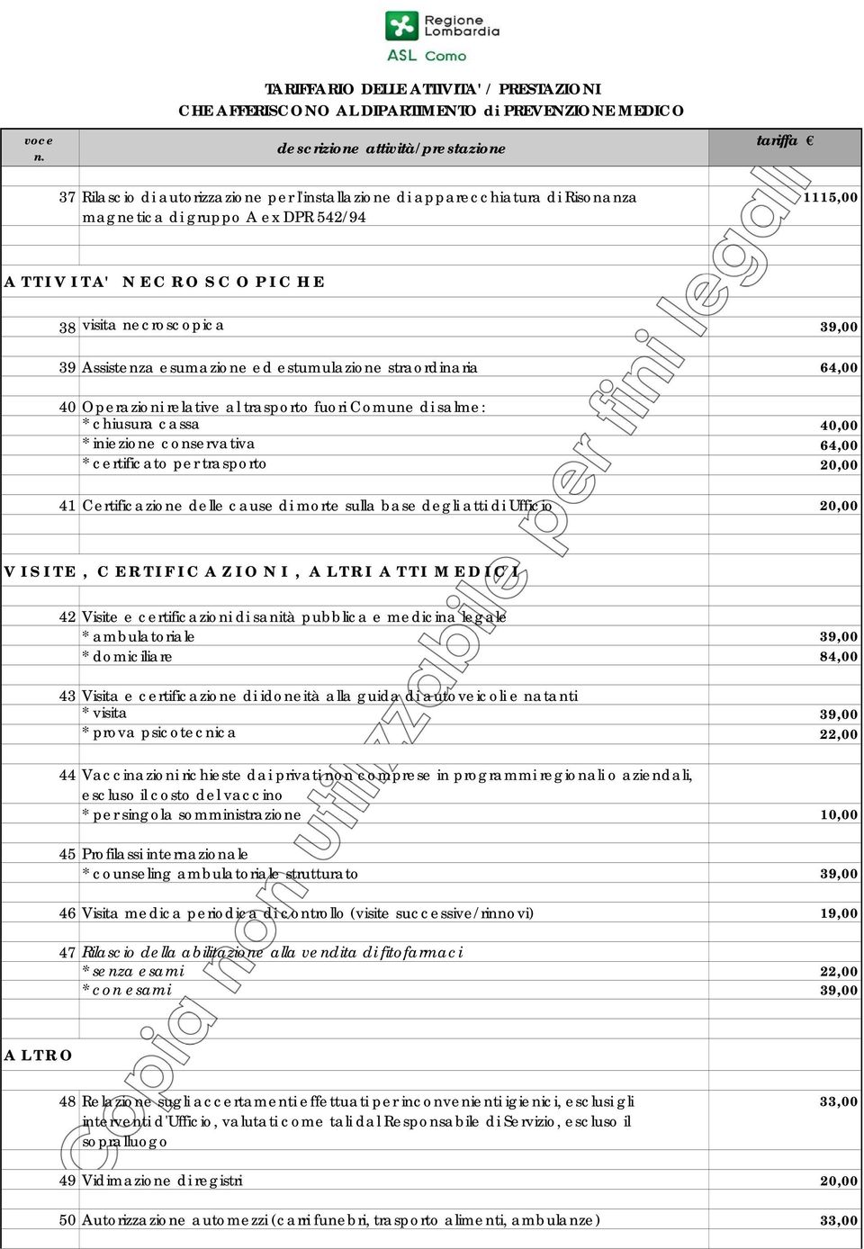 trasporto 20,00 41 Certificazione delle cause di morte sulla base degli atti di Ufficio 20,00 V I S I T E, C E R T I F I C A Z I O N I, A L T R I A T T I M E D I C I 42 Visite e certificazioni di