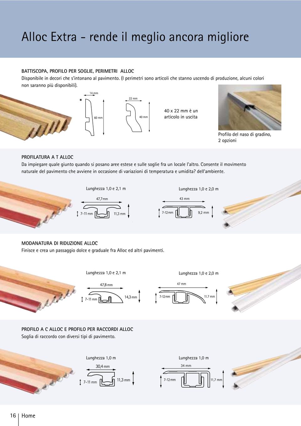 * 40 x 22 mm è un articolo in uscita Profilo del naso di gradino, 2 opzioni PROFILATURA A T ALLOC Da impiegare quale giunto quando si posano aree estese e sulle soglie fra un locale l altro.