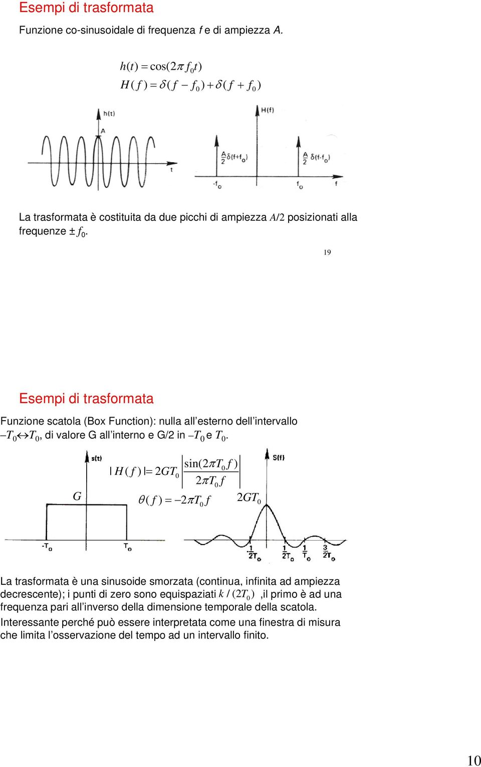 19 Esempi di trasformata Funzione scatola (Box Function): nulla all esterno dell intervallo T 0 T 0, di valore G all interno e G/2 in T 0 e T 0.