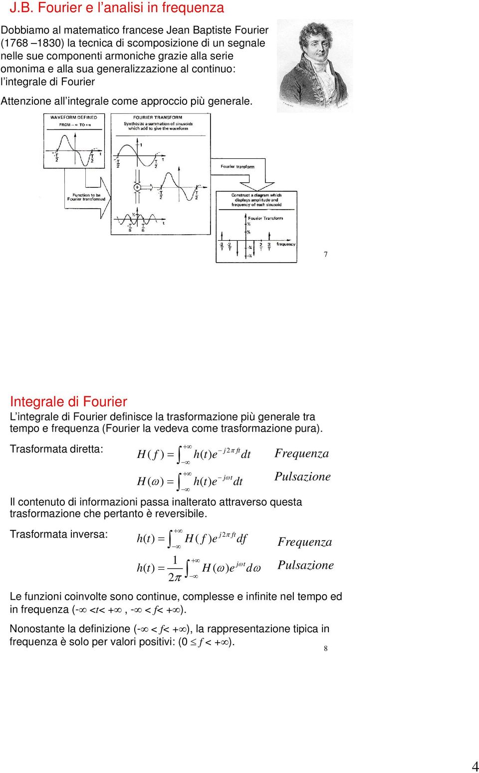 7 Integrale di Fourier L integrale di Fourier definisce la trasformazione più generale tra tempo e frequenza (Fourier la vedeva come trasformazione pura).