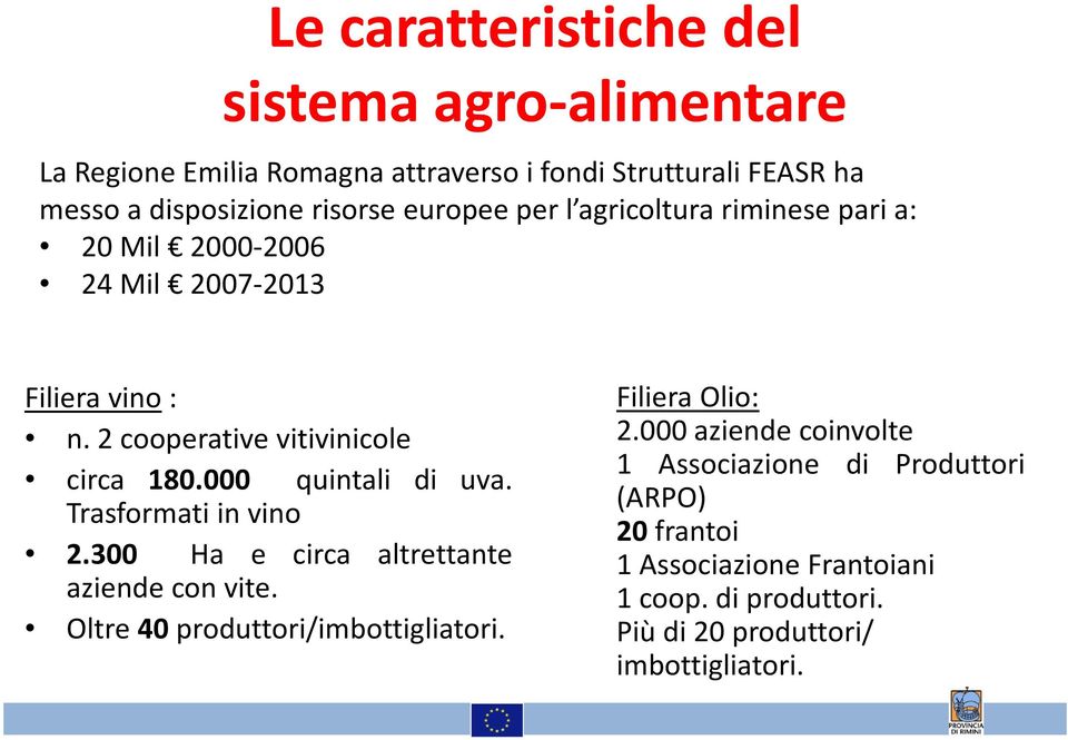 000000 quintali di uva. Trasformati in vino 2.300 Ha e circa altrettante aziende con vite. Oltre 40 produttori/imbottigliatori. Filiera Olio: 2.