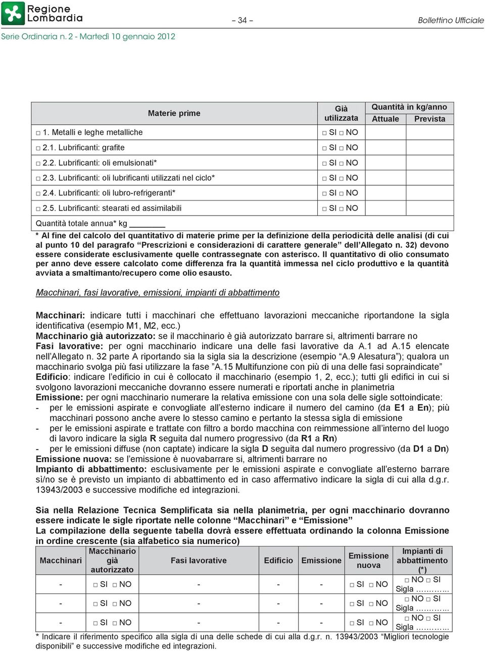 Lubrificanti: stearati ed assimilabili Quantità totale annua* kg Quantità in kg/anno Attuale Prevista * Al fine del calcolo del quantitativo di materie prime per la definizione della periodicità