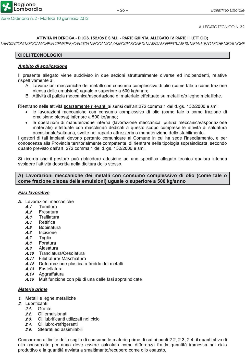 Lavorazioni meccaniche dei metalli con consumo complessivo di olio (come tale o come frazione oleosa delle emulsioni) uguale o superiore a 500 kg/anno; B.