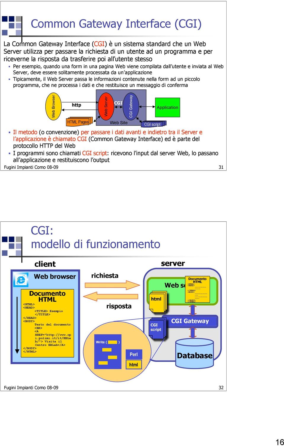 il Web Server passa le informazioni contenute nella form ad un piccolo programma, che ne processa i dati e che restituisce un messaggio di conferma Web Browser http Web Server CGI CGI Gateway