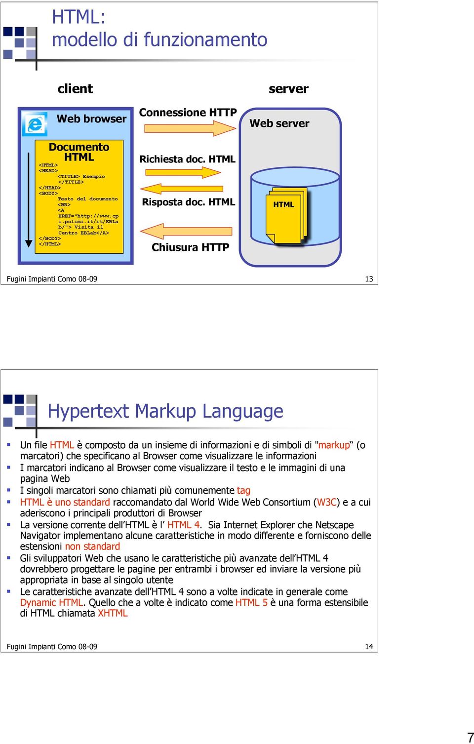 HTML Chiusura HTTP server Web server HTML Fugini Impianti Como 08-09 13 Hypertext Markup Language Un file HTML è composto da un insieme di informazioni e di simboli di "markup (o marcatori) che