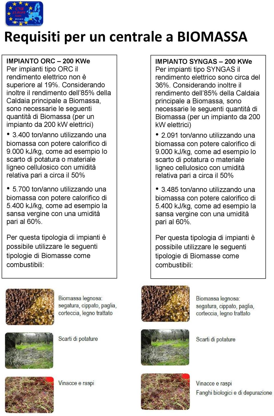 400 ton/anno utilizzando una biomassa con potere calorifico di 9.000 kj/kg, come ad esempio lo scarto di potatura o materiale ligneo cellulosico con umidità relativa pari a circa il 50% 5.