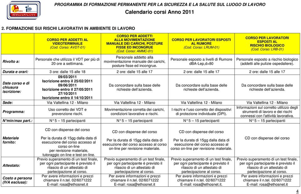 CORSO PER LAVORATORI ESPOSTI AL RUMORE (Cod. Corso: LRUM-01) Personale esposto a livelli di Rumore dba-lep,d>80 CORSO PER LAVORATORI ESPOSTI AL RISCHIO BIOLOGICO (Cod.