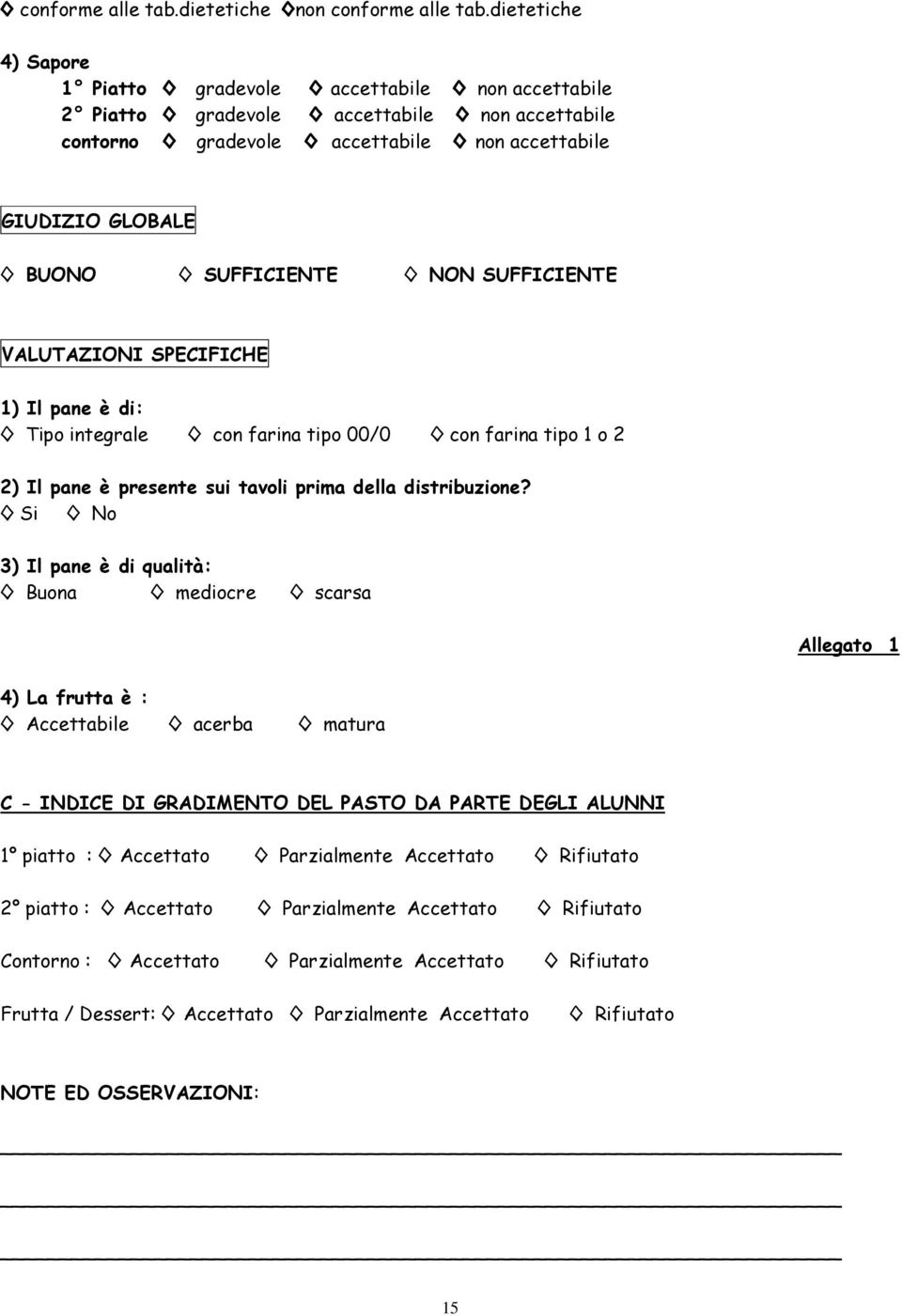 NON SUFFICIENTE VALUTAZIONI SPECIFICHE 1) Il pane è di: Tipo integrale con farina tipo 00/0 con farina tipo 1 o 2 2) Il pane è presente sui tavoli prima della distribuzione?