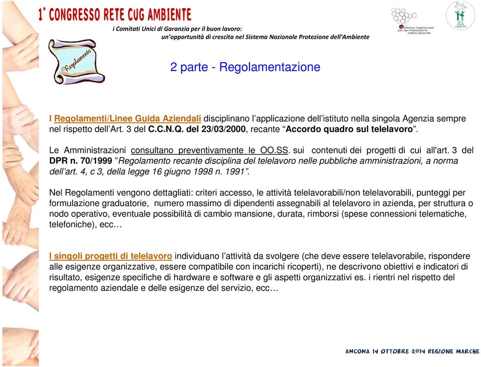 70/1999 Regolamento recante disciplina del telelavoro nelle pubbliche amministrazioni, a norma dell art. 4, c 3, della legge 16 giugno 1998 n. 1991.