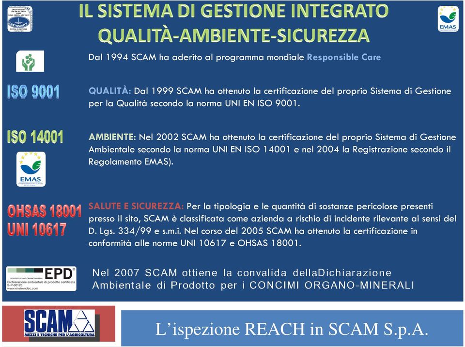 AMBIENTE: Nel 2002 SCAM ha ottenuto la certificazione del proprio Sistema di Gestione Ambientale secondo la norma UNI EN ISO 14001 e nel 2004 la Registrazione secondo il