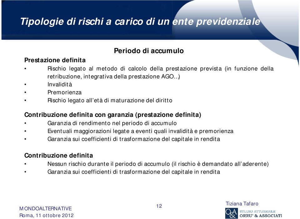 definita) Garanzia di rendimento nel periodo di accumulo Eventuali maggiorazioni legate a eventi quali invalidità e premorienza Garanzia sui coefficienti di trasformazione del