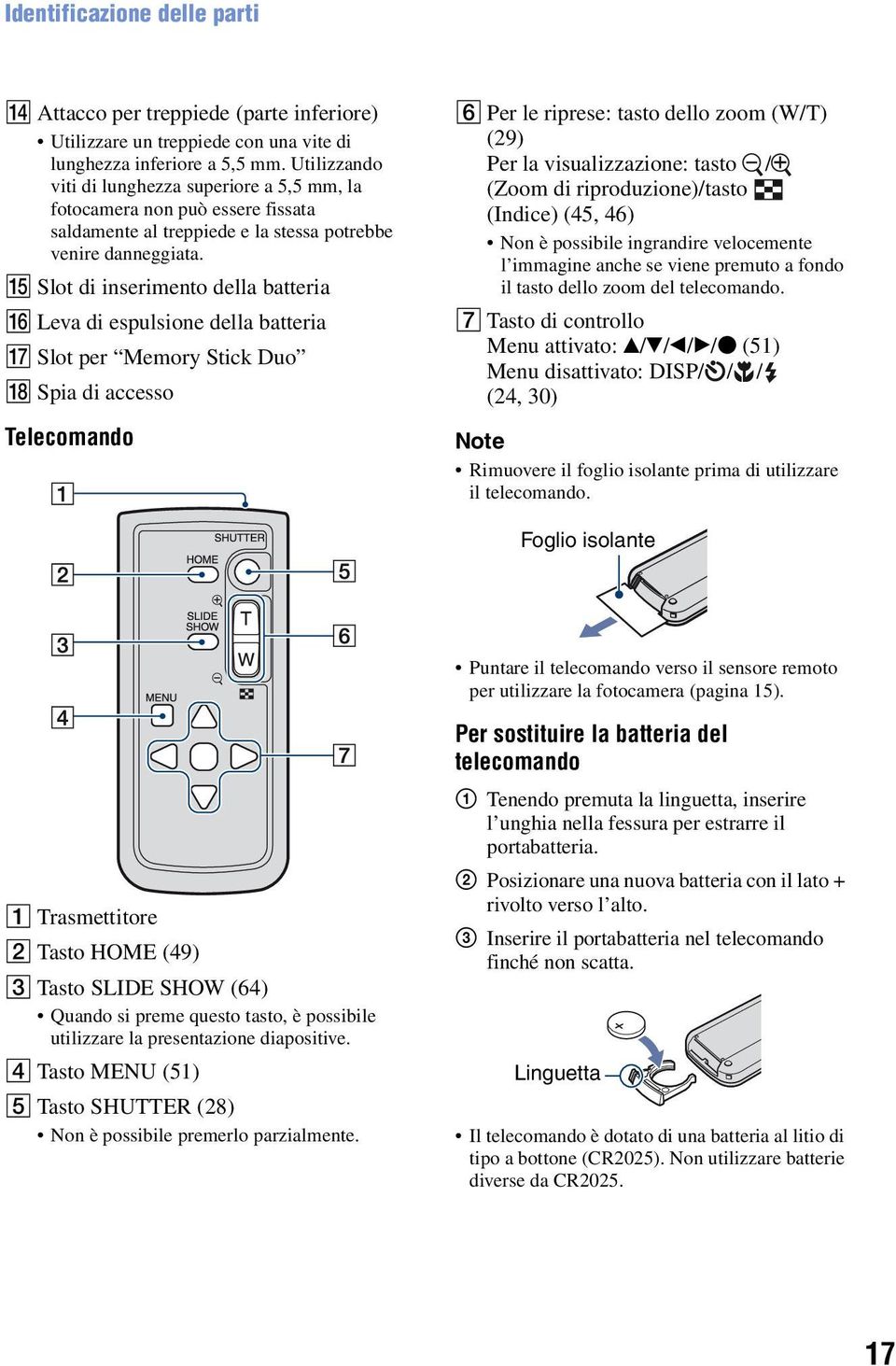 O Slot di inserimento della batteria P Leva di espulsione della batteria Q Slot per Memory Stick Duo R Spia di accesso Telecomando F Per le riprese: tasto dello zoom (W/T) (29) Per la