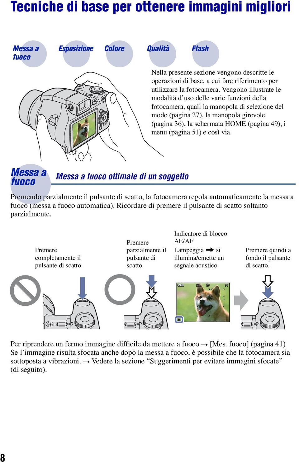 Vengono illustrate le modalità d uso delle varie funzioni della fotocamera, quali la manopola di selezione del modo (pagina 27), la manopola girevole (pagina 36), la schermata HOME (pagina 49), i