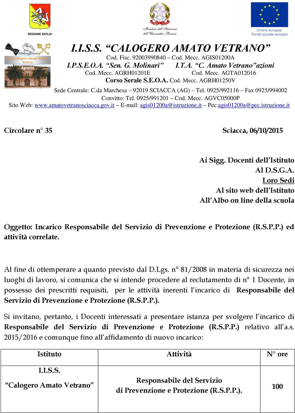 it Pec:agis01200a@pec.istruzione.it Circolare n 35 Sciacca, 06/10/2015 Ai