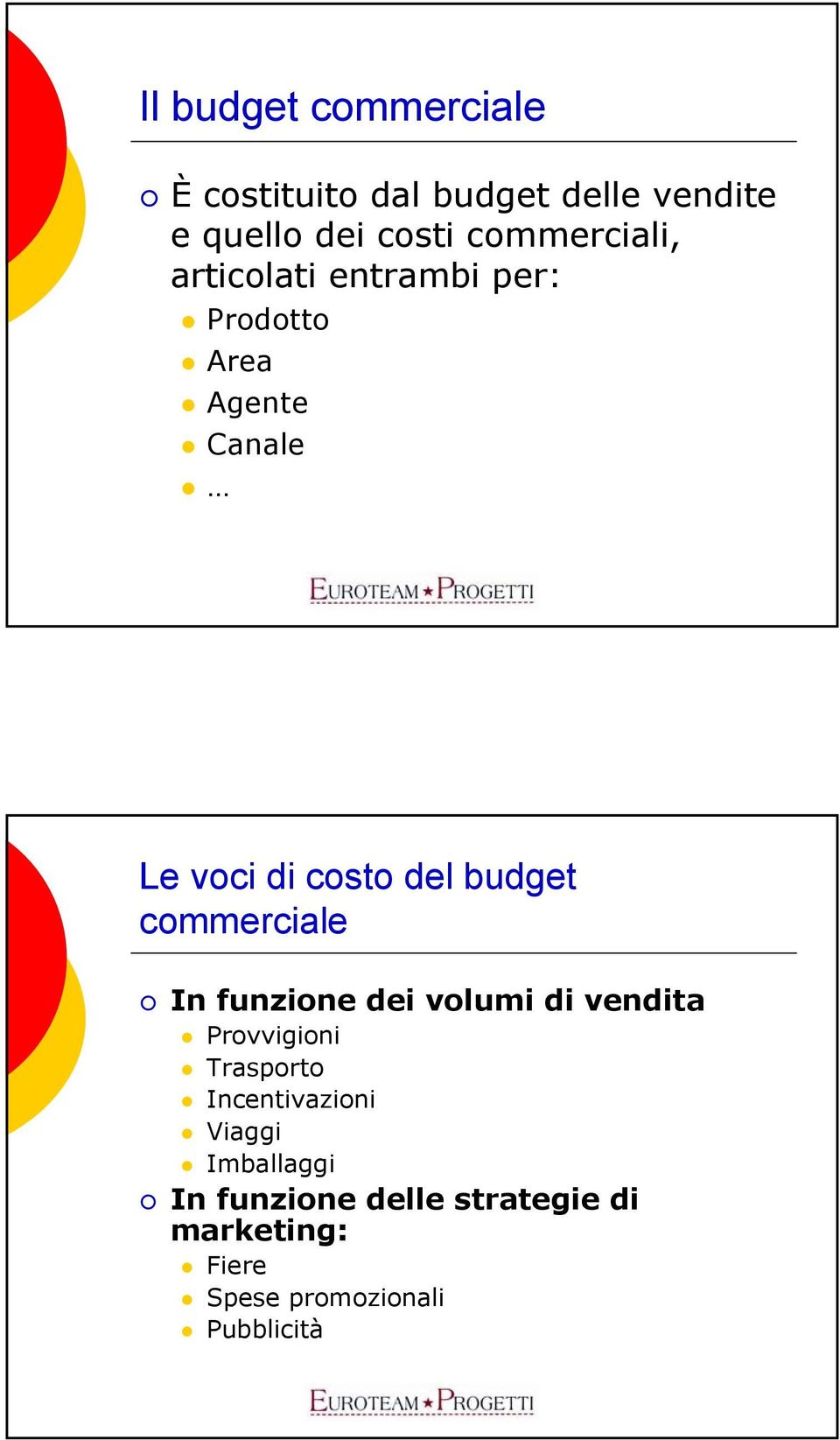 budget commerciale In funzione dei volumi di vendita Provvigioni Trasporto