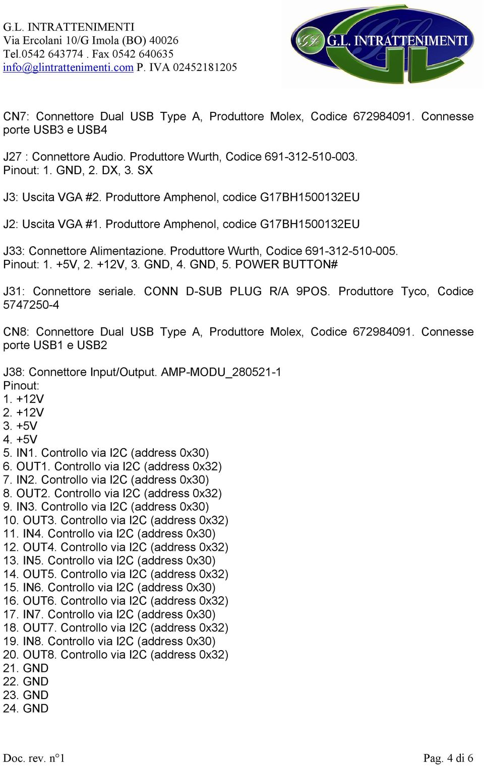 Pinout: 1. +5V, 2. +12V, 3. GND, 4. GND, 5. POWER BUTTON# J31: Connettore seriale. CONN D-SUB PLUG R/A 9POS.