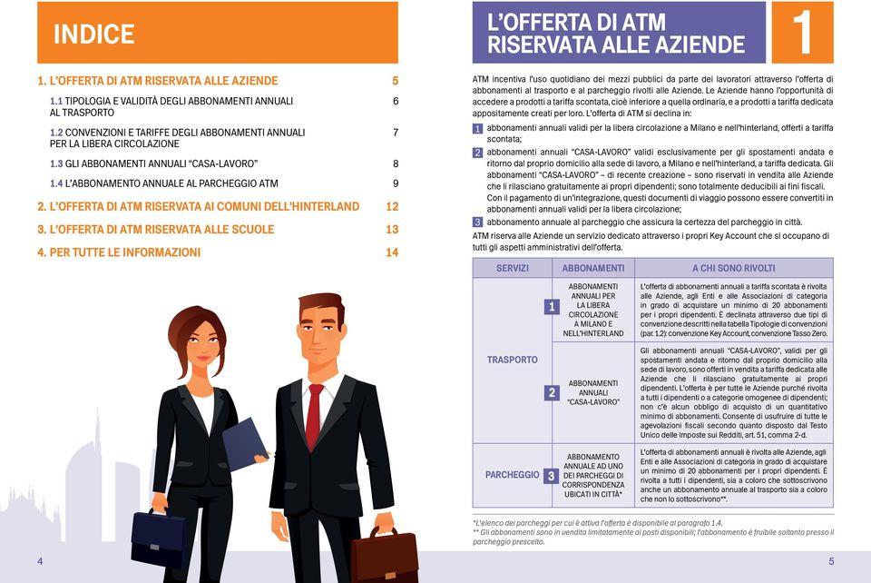 PER TUTTE LE INFORMAZIONI 4 L OFFERTA DI ATM RISERVATA ALLE AZIENDE ATM incentiva l uso quotidiano dei mezzi pubblici da parte dei lavoratori attraverso l offerta di abbonamenti al trasporto e al