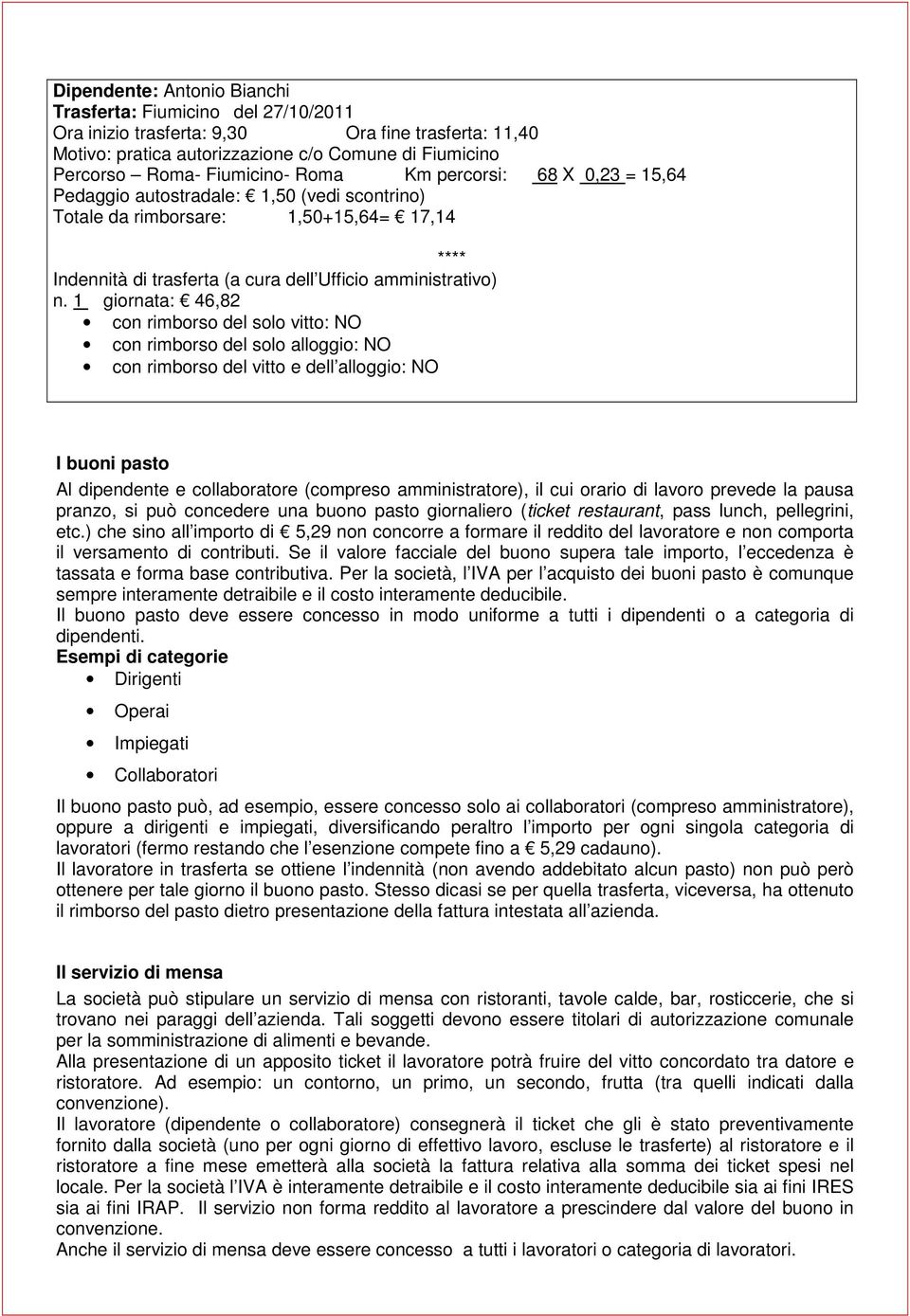 1 giornata: 46,82 con rimborso del solo vitto: NO con rimborso del solo alloggio: NO con rimborso del vitto e dell alloggio: NO I buoni pasto Al dipendente e collaboratore (compreso amministratore),