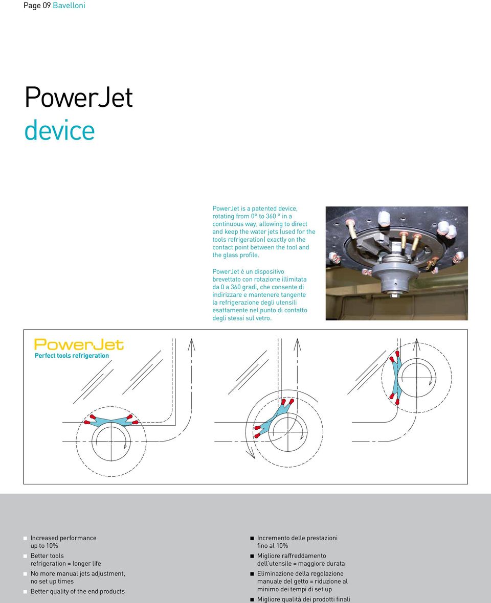 PowerJet è un dispositivo brevettato con rotazione illimitata da 0 a 360 gradi, che consente di indirizzare e mantenere tangente la refrigerazione degli utensili esattamente nel punto di contatto