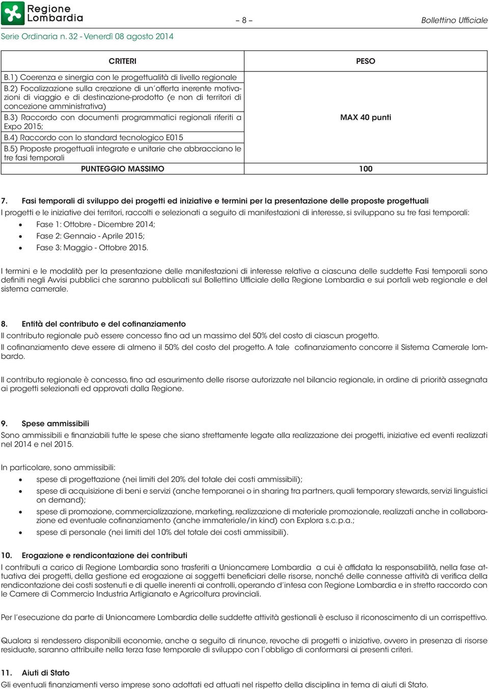 3) Raccordo con documenti programmatici regionali riferiti a Expo 2015; B.4) Raccordo con lo standard tecnologico E015 B.