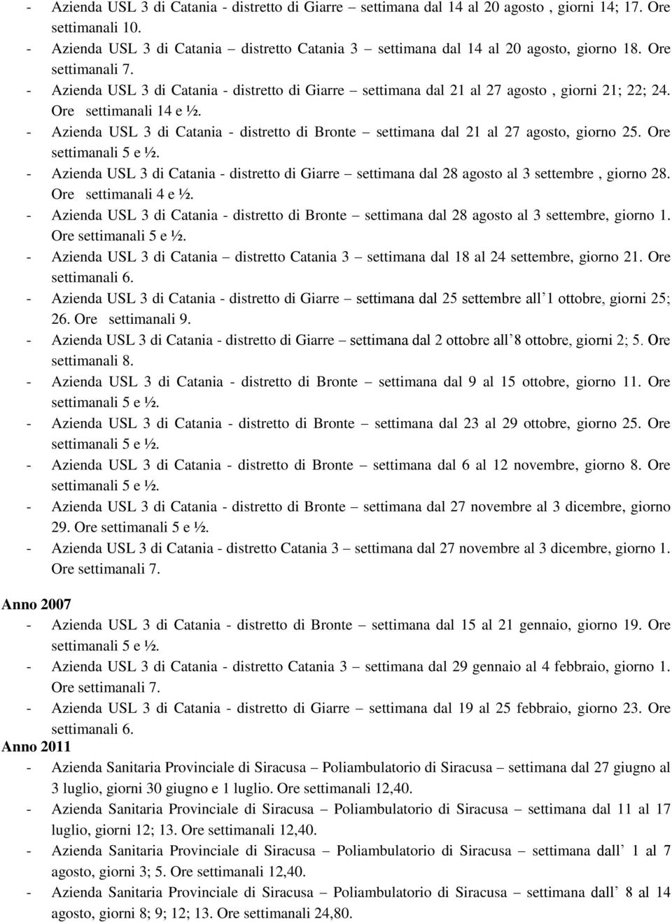 - Azienda USL 3 di Catania - distretto di Giarre settimana dal 21 al 27 agosto, giorni 21; 22; 24. Ore settimanali 14 e ½.