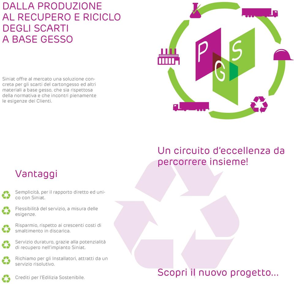 Semplicità, per il rapporto diretto ed unico con Siniat. Flessibilità del servizio, a misura delle esigenze. Risparmio, rispetto ai crescenti costi di smaltimento in discarica.