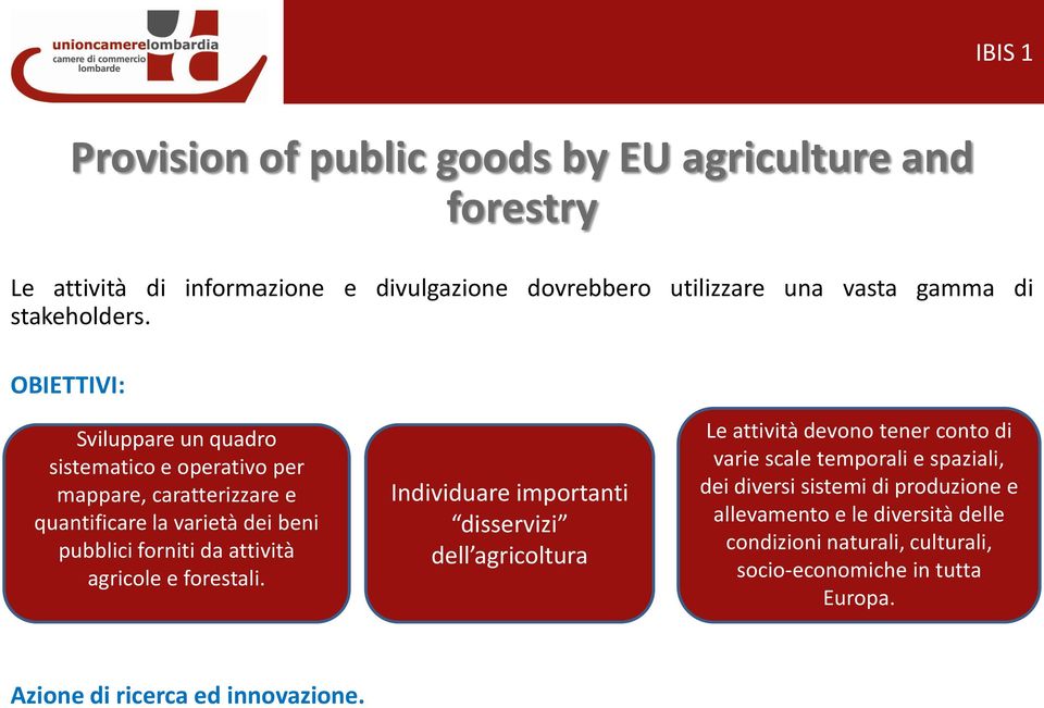 OBIETTIVI: Sviluppare un quadro sistematico e operativo per mappare, caratterizzare e quantificare la varietà dei beni pubblici forniti da attività