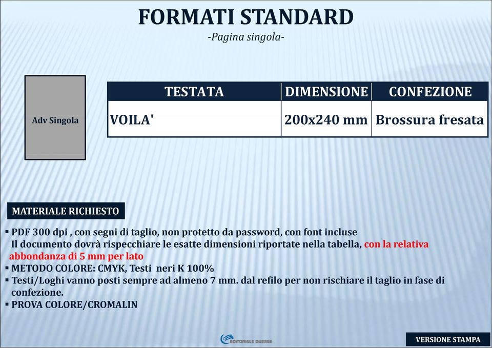 riportate nella tabella, con la relativa abbondanza di 5 mm per lato METODO COLORE: CMYK, Testi neri K 100% Testi/Loghi