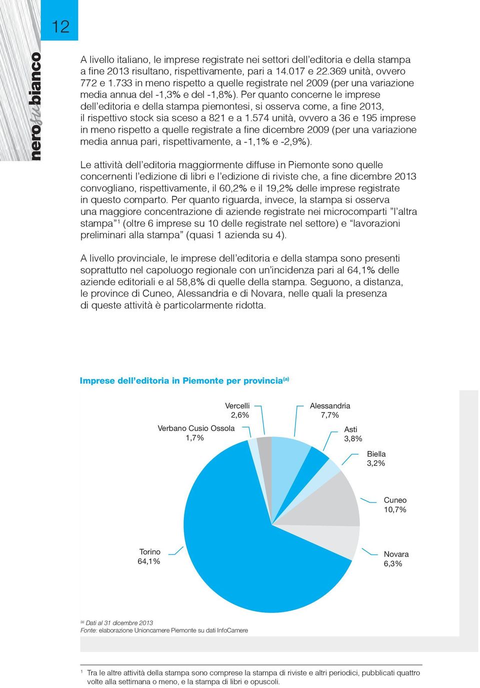 Per quanto concerne le imprese dell editoria e della stampa piemontesi, si osserva come, a fine 2013, il rispettivo stock sia sceso a 821 e a 1.